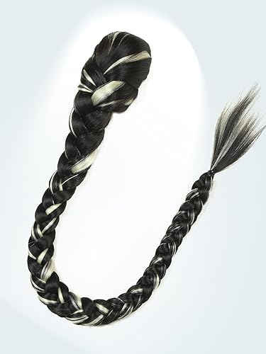 Miniatura 5 de WIGER Cola de caballo trenzada de 34 pulgadas para mujeres negras, con cordón largo, para bricolaje, color blanco y negro, extensiones de cabello