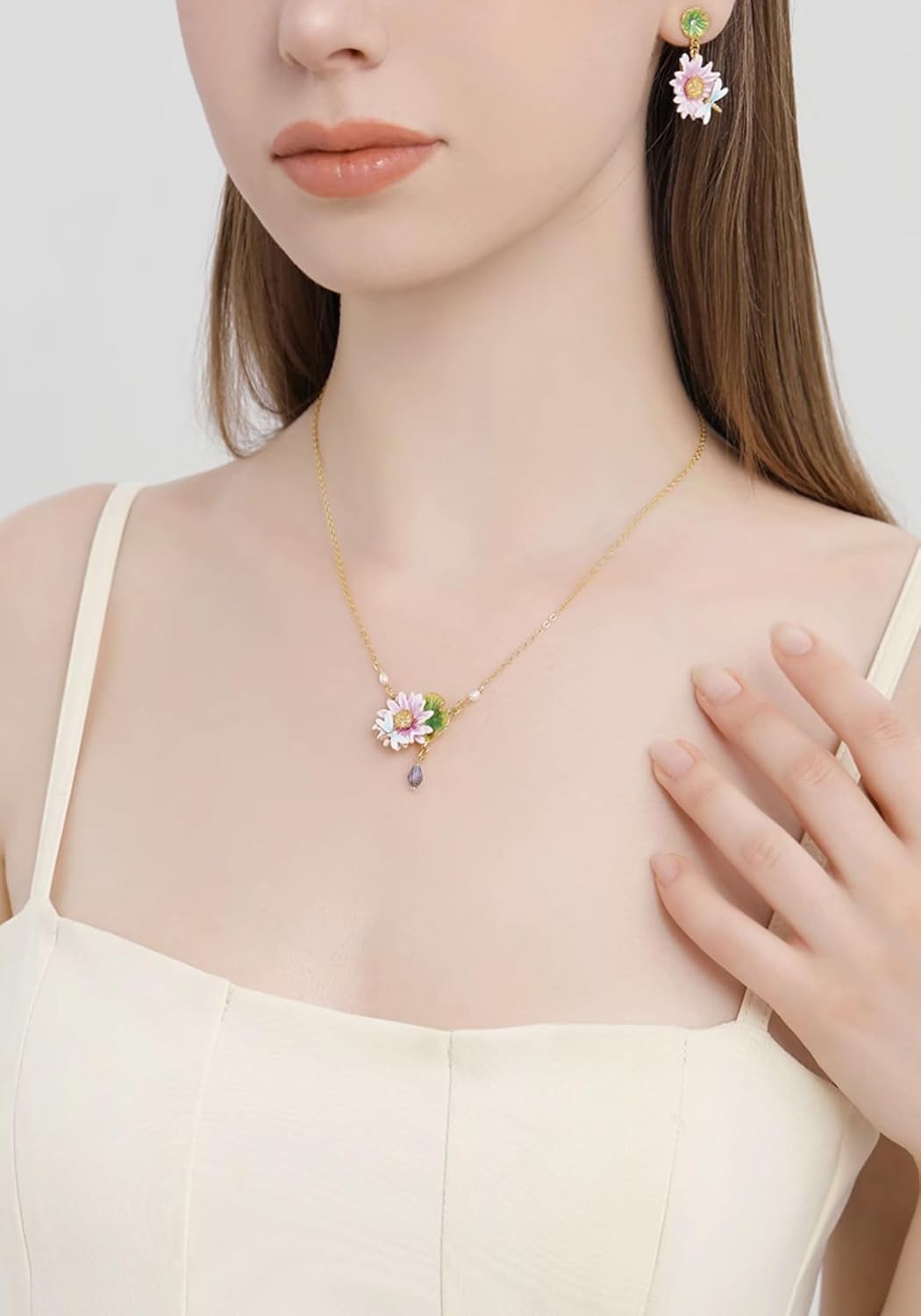 Lotus Flower And Dragonfly Enamel Pendant Necklace Jewelry Gift
