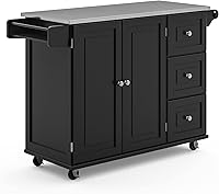 Homestyles Dolly Madison Black Mobile Kitchen Island Cart - Stainless Steel Top, Drawers, Shelves & Lockable Casters
