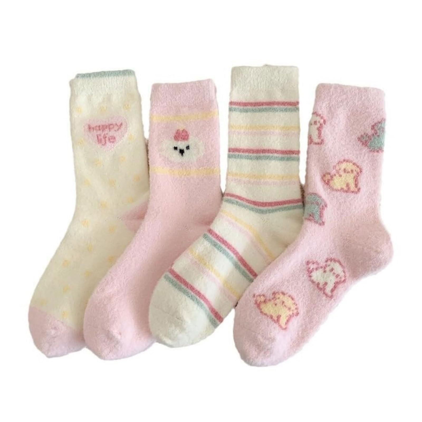 4 paar Cutecore Fuzzy Socks for dames, winterse zachte, dikke, pluizige sokken met berenmotief - Rose