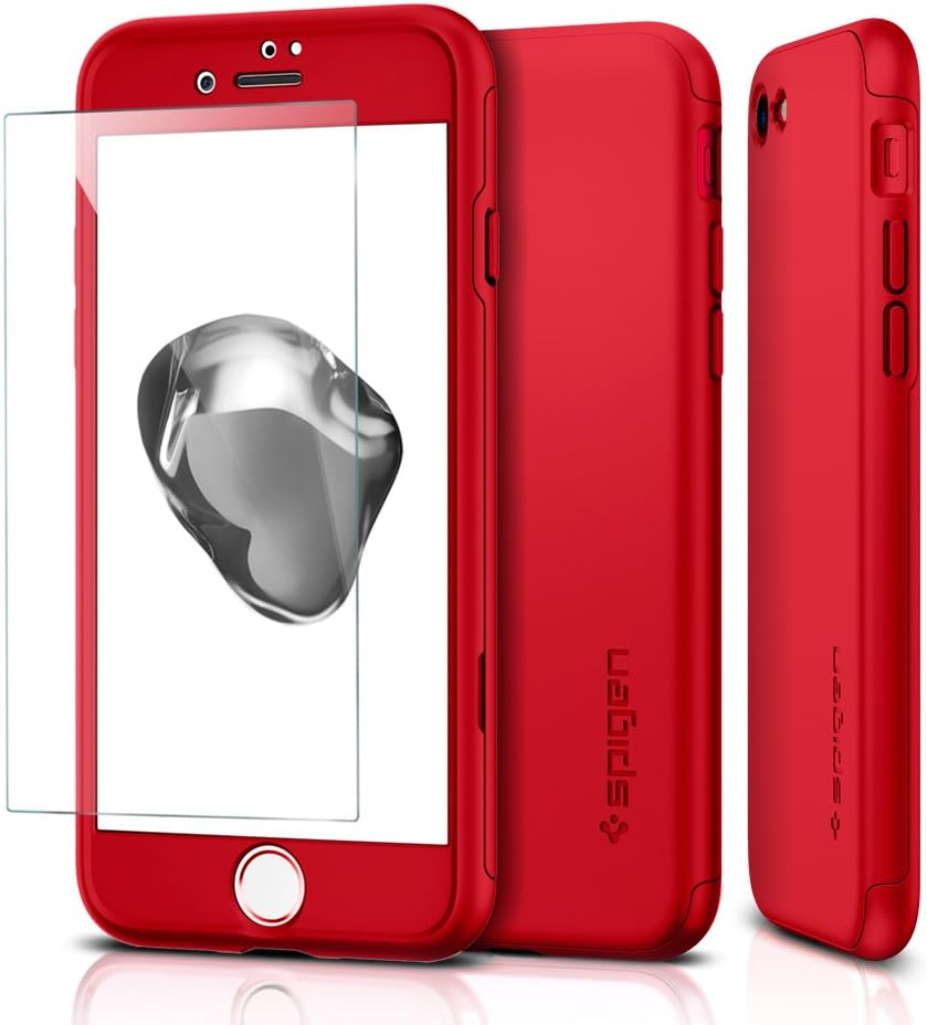 Spigen Thin Fit 360 iPhone 7/8 Case with Exact Slim Full Body Protection and 2 Packs of Tempered Glass Screen Protector for iPhone 7/8 - Red