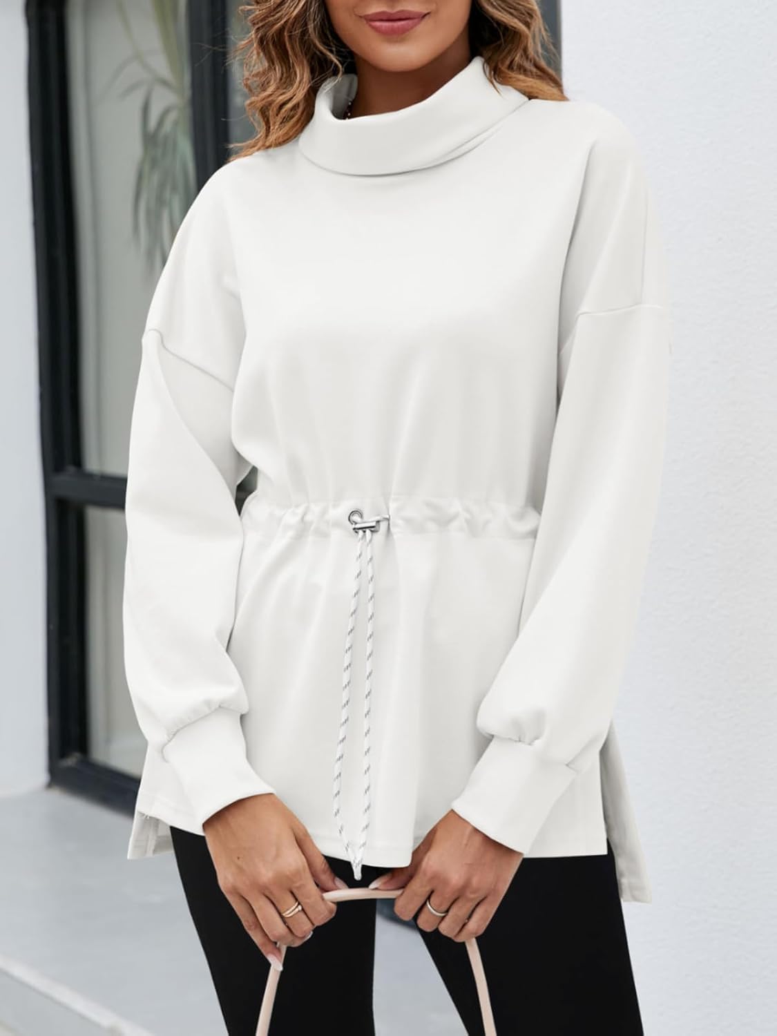 Women's Turtleneck Sweatshirts Long Sleeve Pullover Tops Side Slit Tunic Shirts with Drawstring Waist - Image 3