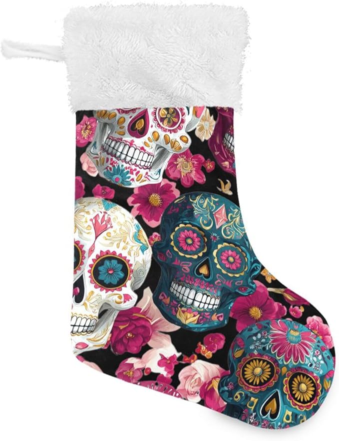 Day of The Dead Sugar Skull Flowers Christmas Stockings,18 inch Xmas Fireplace Hanging Stockings Ornament Santa Stockings for Family Holiday Christmas Party Decorations 1pcs