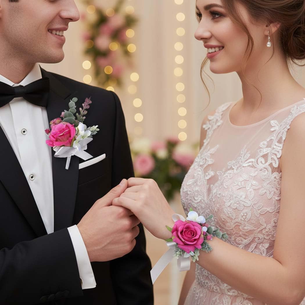 Campsis Corsage and Boutonniere Set, Pink Wrist Corsage, Prom Boutonniere for Wedding - Image 3
