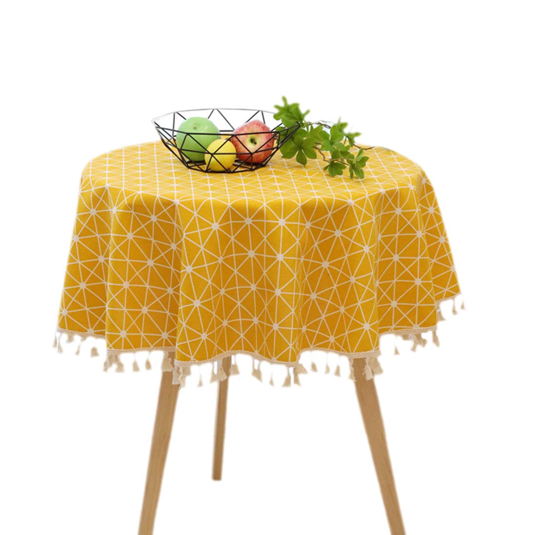 LUCKYHOUSEHOME Geometric Check Plaid Cotton Linen Tablecloth Tassel Table Cover for Kitchen Home Dinning Round 60 Inch, Ye...