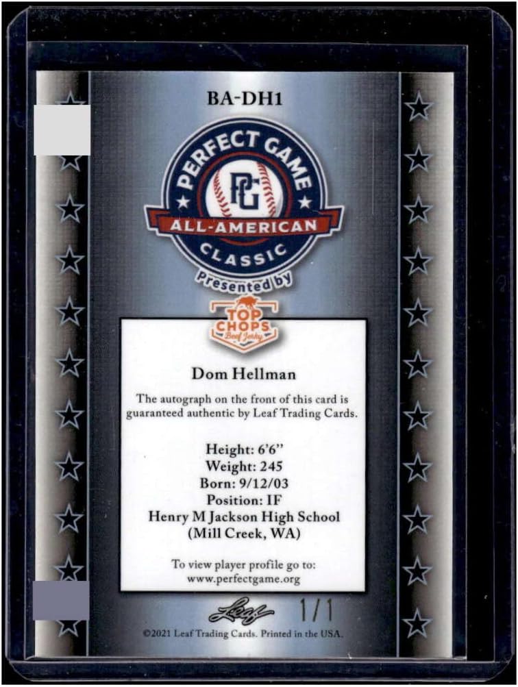 DOM HELLMAN RC AUTO 1/1 2022 Leaf Metal Perfect Game 1/1 Autograph All-American Metal Blue Oregon ROOKIE MT-MT+ MLB Baseball NCA