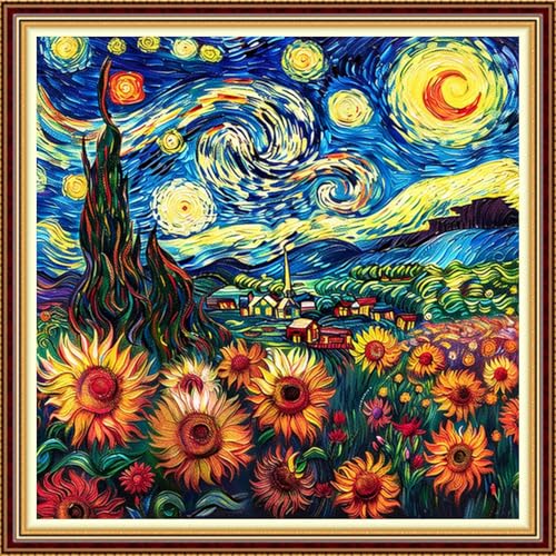 Image of Fanxvivy Stamped Counted Cross Stitch Kits for Adults Printed Cross-Stitch Patterns 11CT Stamped or Counted Cross Stitching Embroidery Kit Needlepoint Kits-Van Gogh Starry Sky Sunflower 18x18 inch