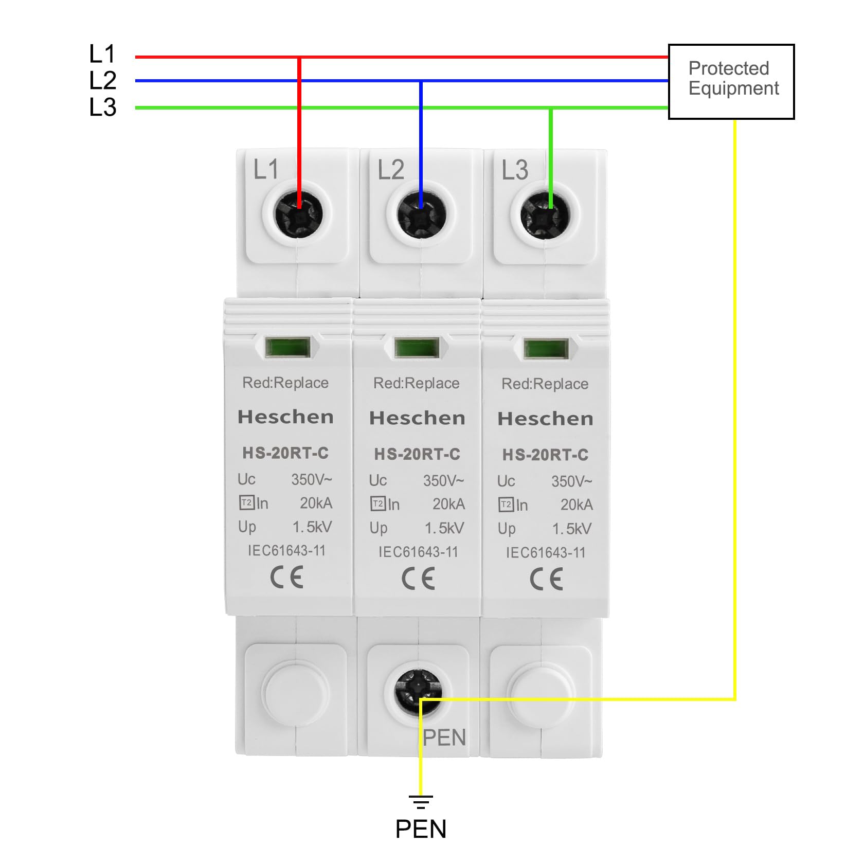 Heschen Surge Protective Device SPD, HS-20RT-C, 3P 350VAC 20KA, Built-in replaceable over current fuse, Low-Voltage Arrester - Image 4