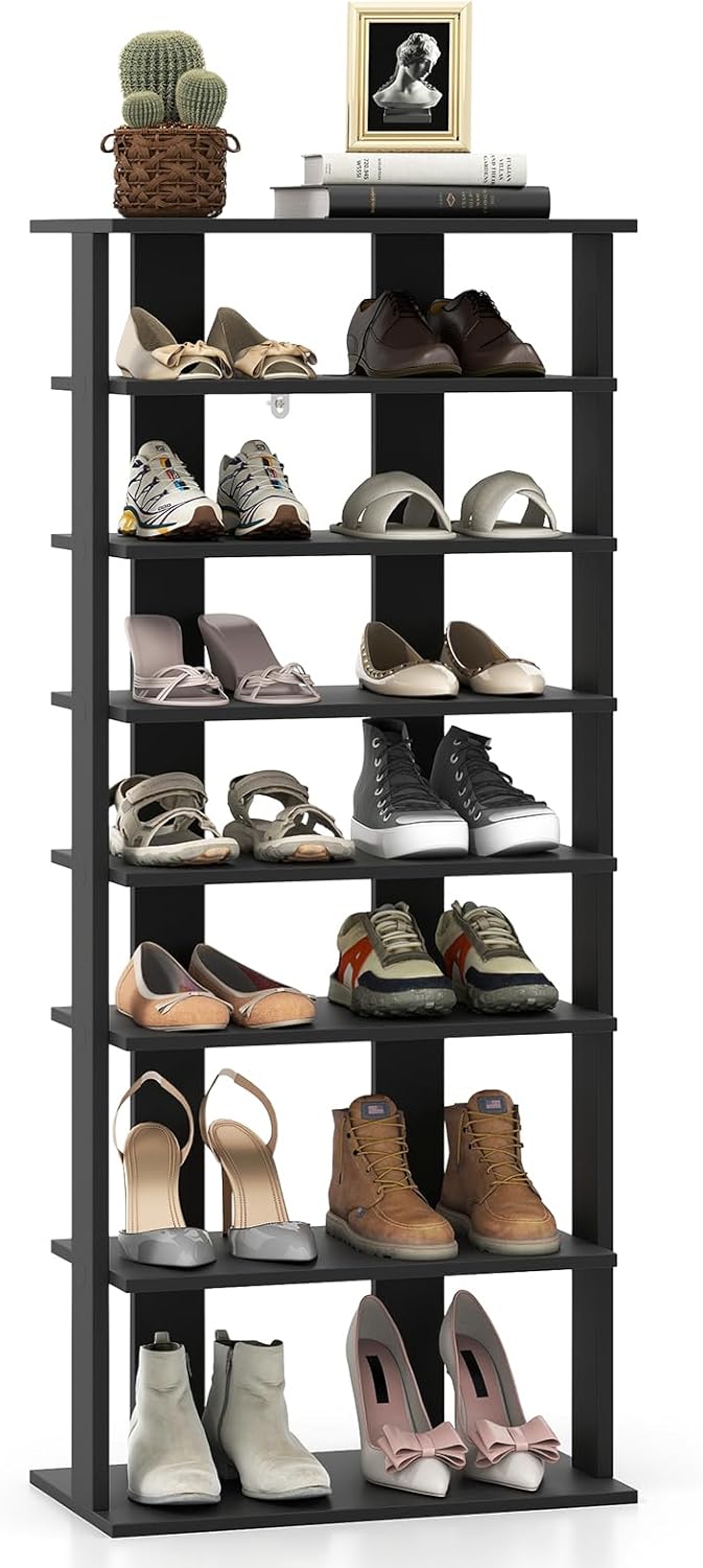 7 Tier Vertical Shoe Rack, Tall Shoe Tower w/Anti-Toppling Device, Free Standing Racks for Small Spaces, Wooden Storage Organizer, Narrow Shelf for Closet, Entryway (Black, Double Row)