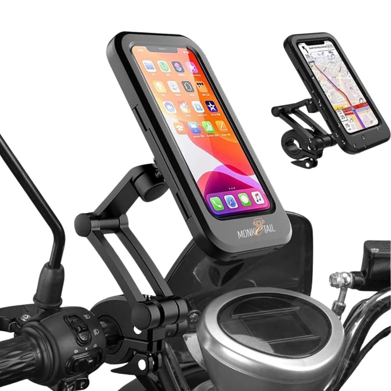 MonkETail Waterproof Bike Bicycle Cell Phone Holder for Motorcycle - Bicycle Handlebars, 360° Adjustable Universal Motorcycle Mount Bike Mobile Phone Holder with TPU Touch-Screen (Black)