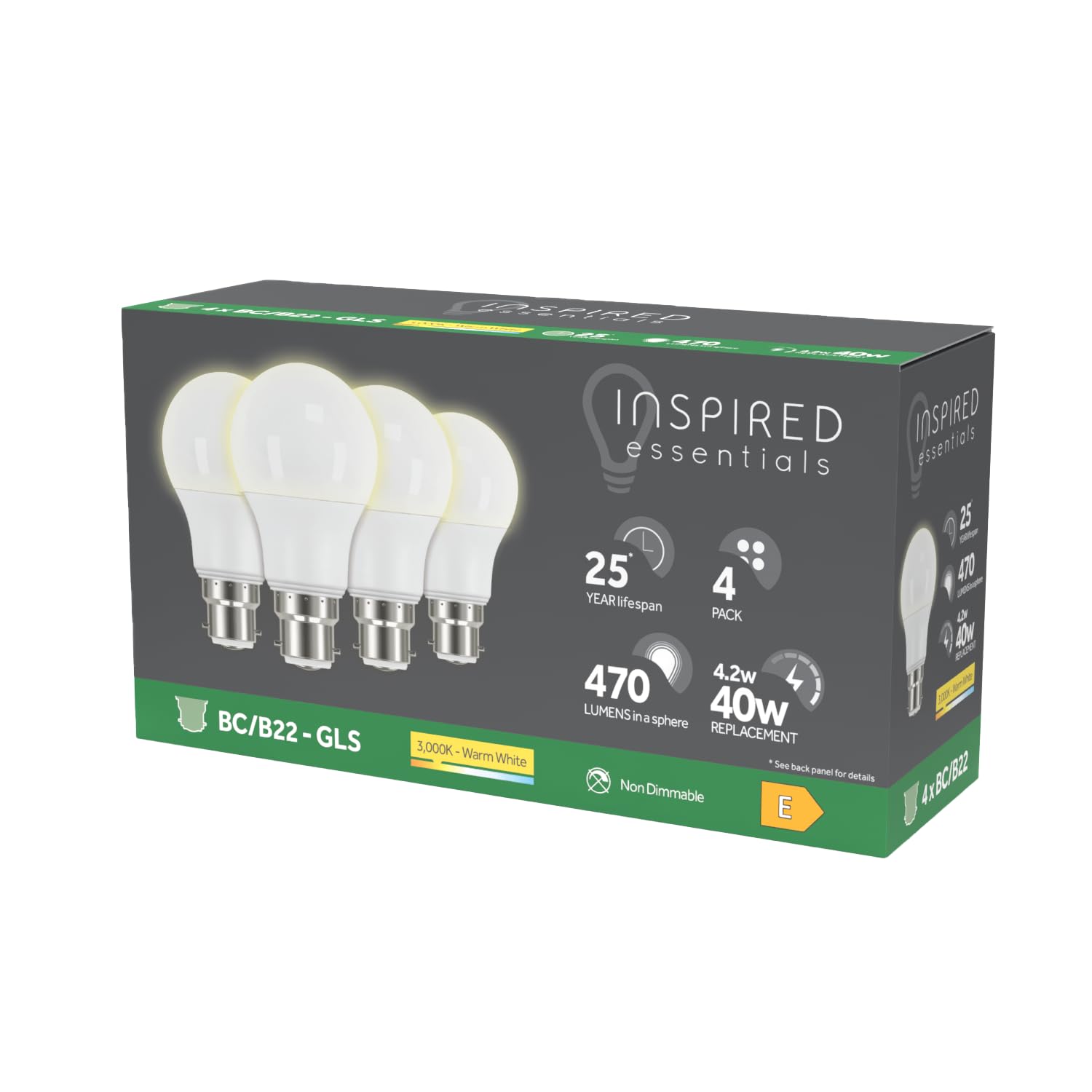 Inspired Essentials B22 Bayonet LED Bulb, Warm White 3000K, 40W 40 Watts Equivalent, 4.2W B22 GLS Bulbs, Light Bulbs, Last up to 25000 Hours, 470 Lumen, Non-Dimmable, Pack of 4