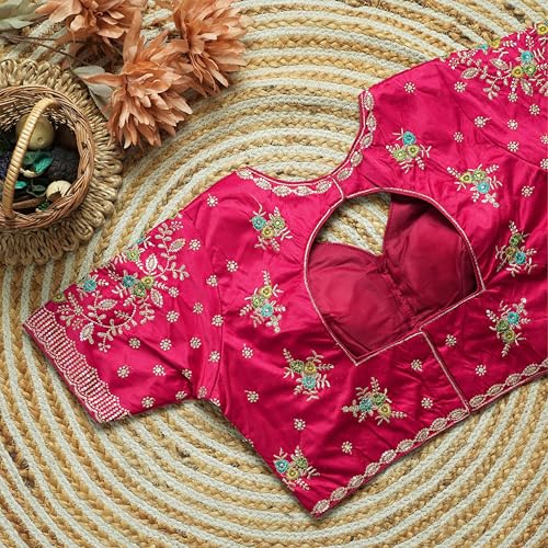 Image of Sangam Prints Women's Gracefull Pink Satan Silk Free Size Stitched Blouse with Traditional Embroidery Work