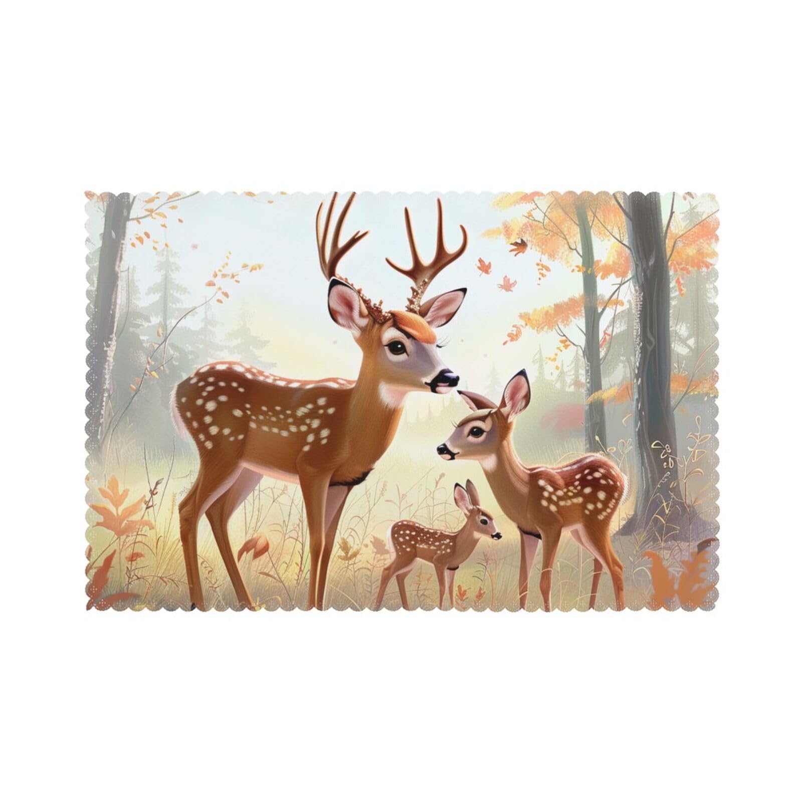 Cute Deers Printed Placemat Heat Resistant Place Mats Set of 6 PCS Washable Kitchen Table Mats, 12x18 Inch