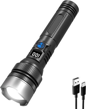 NAKCNM Rechargeable LED Flashlight 3 Light Modes LCD USB-C Waterproof Torch | Super high brightness lumen output Multi-scene strobe emergency lighting Pocket-sized lightweight 185g build