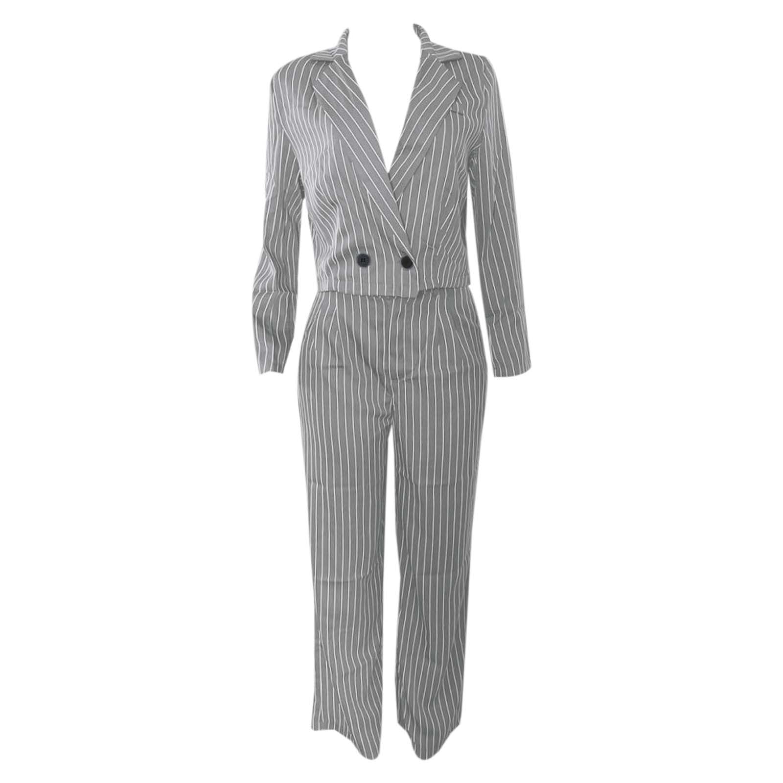 Damen Zweiteiliger Anzug Set Revers Gestreifter Drucken Blazer Jack Langarm Anzugjacke Gerade Hose Hosenanzug Business Büro Lässig Mantel Slim Fit Hose 2 Stück Sportlich Freizeitanzug