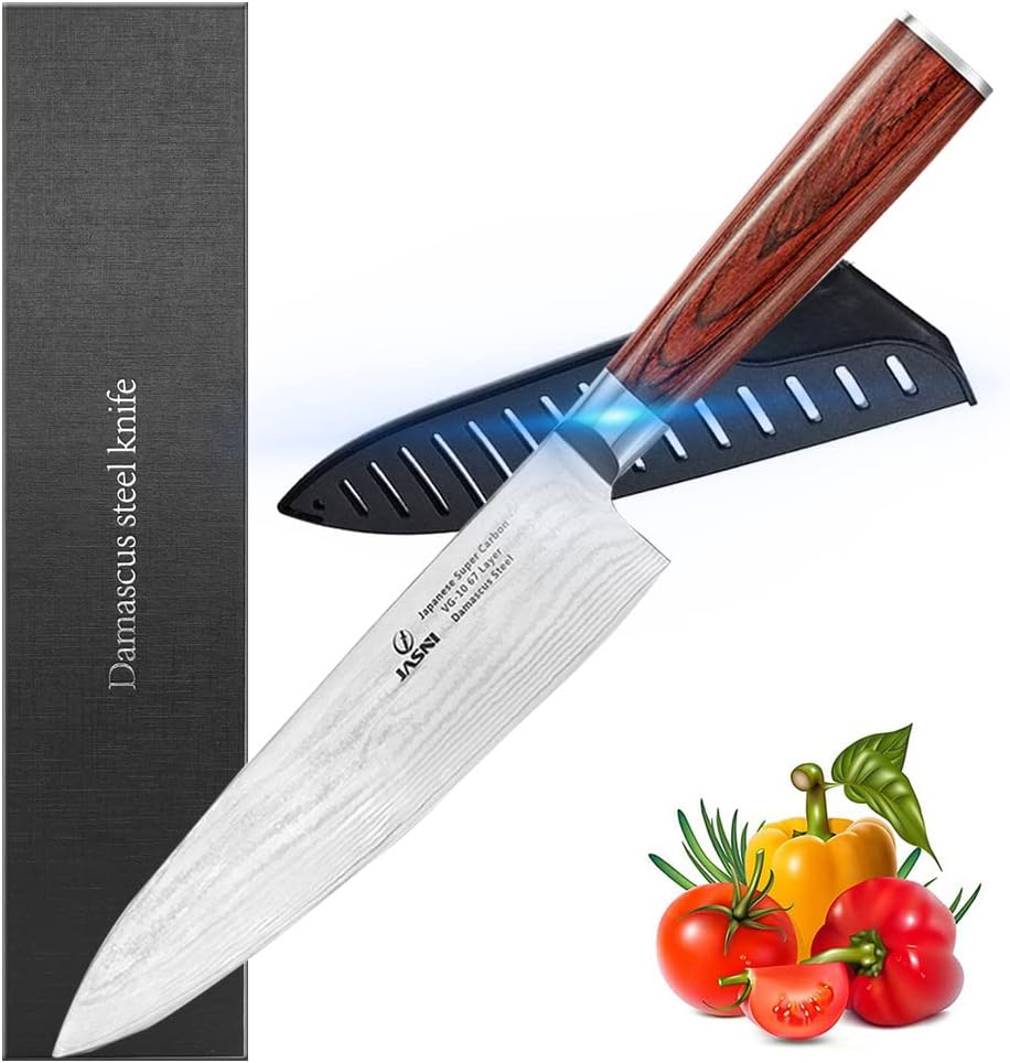Professional Kitchen 8 inch Chef Knife - 67 Layers VG-10 Damascus Steel Knife,Ultra-Sharp Cooking Knife with Ergonomic Wood Handle, Sheath & Beauty Gift Box