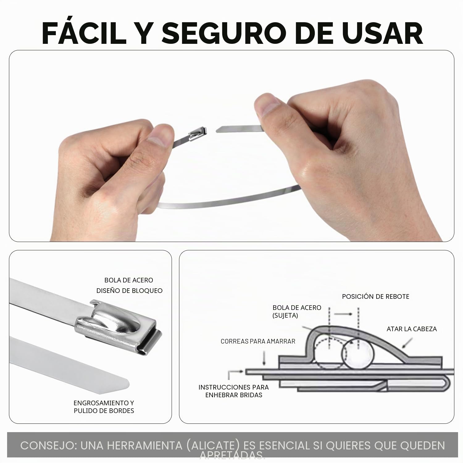 Bridas de Acero Inoxidable 600mmx4,6mm 122kg 100 Piezas para Fijación de Tuberías