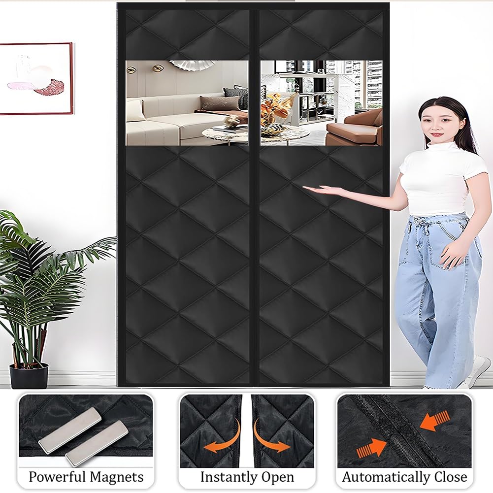 Magnet Wärmeschutzvorhang Mit Fenster, W 70-250cm Oxford Thermo Türvorhang Baumwollfüllung Thermovorhang Kälteschutz Isolierter Türvorhang Hält Warm Im Winter Kühl Im Sommer(Schwarz,90x200cm)