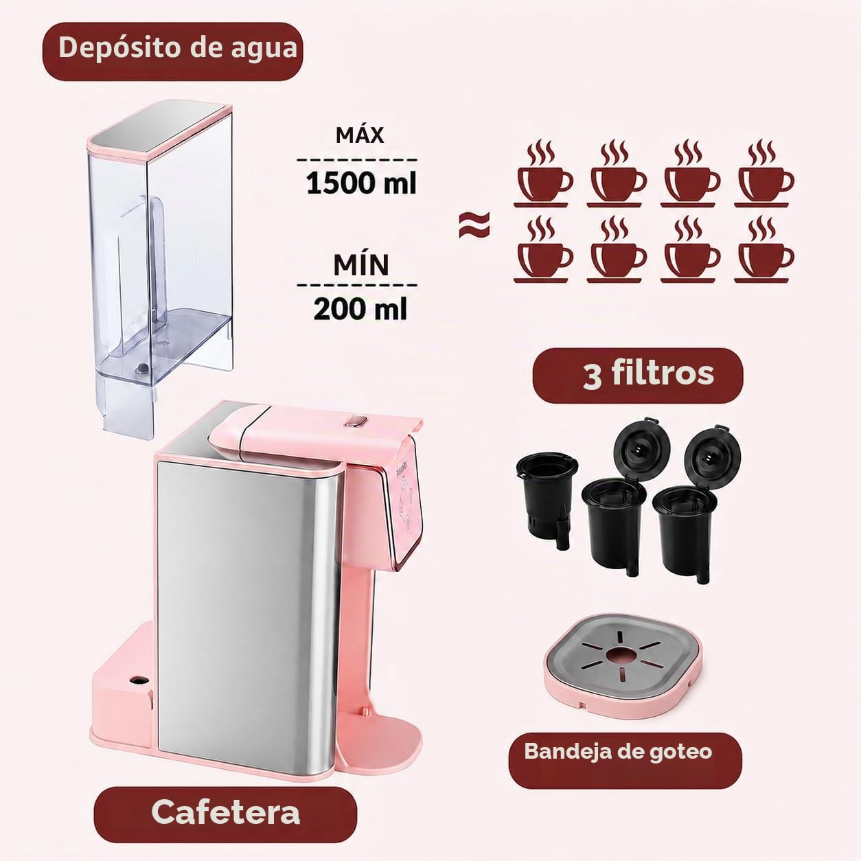 Mecity Cafetera rosa 3 en 1 de una sola porción, para cápsulas de café de fondo plano, café molido, taza de 6 a 10 onzas, depósito de agua extraíble de 50 onzas, 120 V y 1150 W