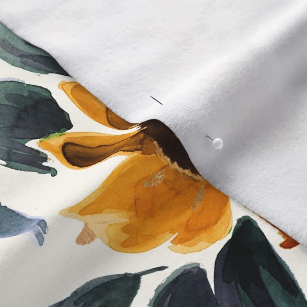 Spoonflower Fabric - Sunset Sunflowers Teal Leaves Flower Yellow Floral Gold Summer Daisy Printed on Polartec(R) Fleece Fabric by The Yard - Sewing Blankets Loungewear and No-Sew