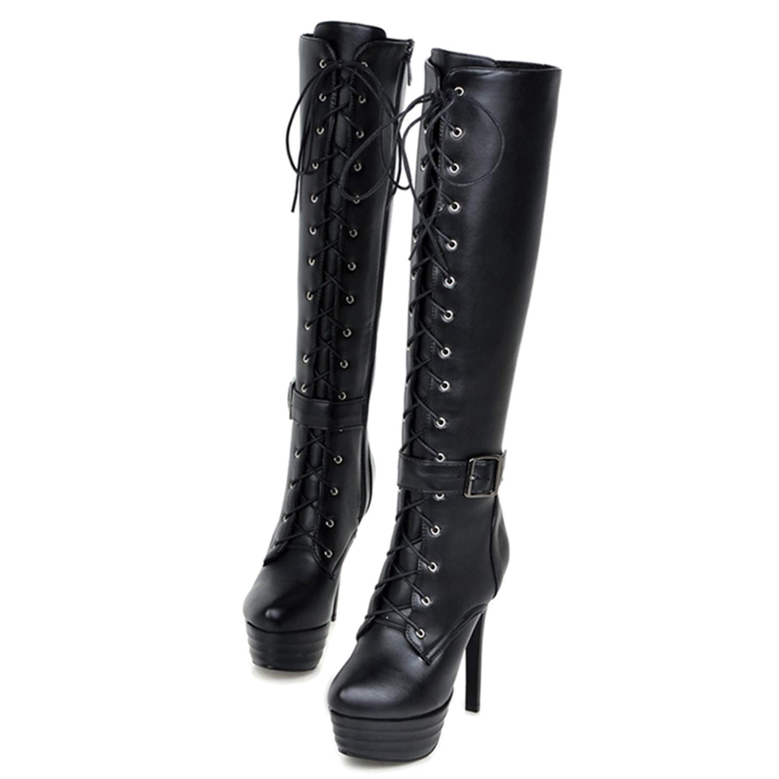 Damen Stiefel Kniehoch Plateau 13cm Schnürung | PU-Kunstleder; Kurzflor-Futter; 13 cm Absatz; 4,5 cm Plateau; Herbst/Winter