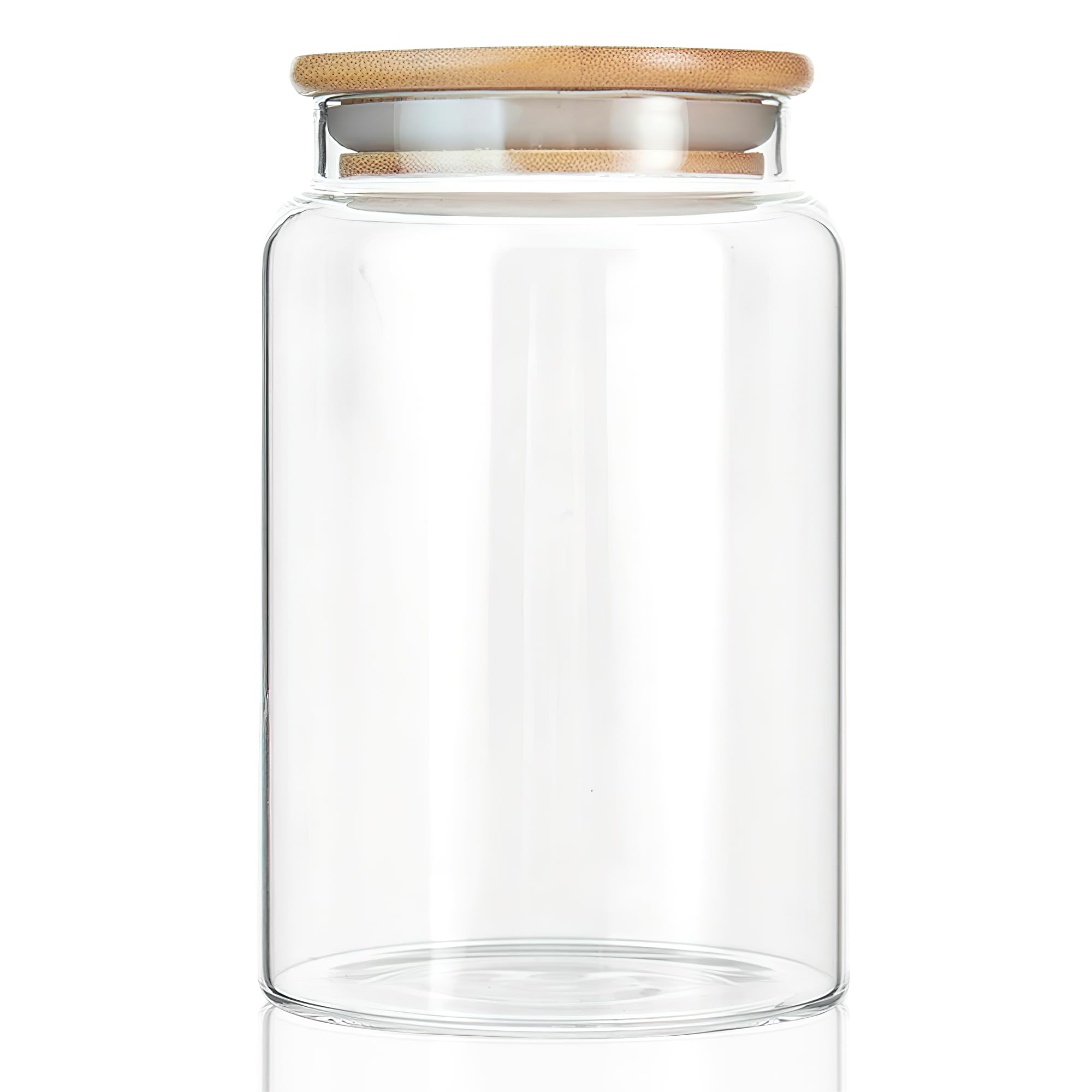 900ML/30Oz Clear Glass Storage Container Jar with Airtight Flat Bamboo Lid, Decorative Medium Food Canister for Coffee, Spice, Sugar, Salad, Cereal, Flour, Candy, Cookie