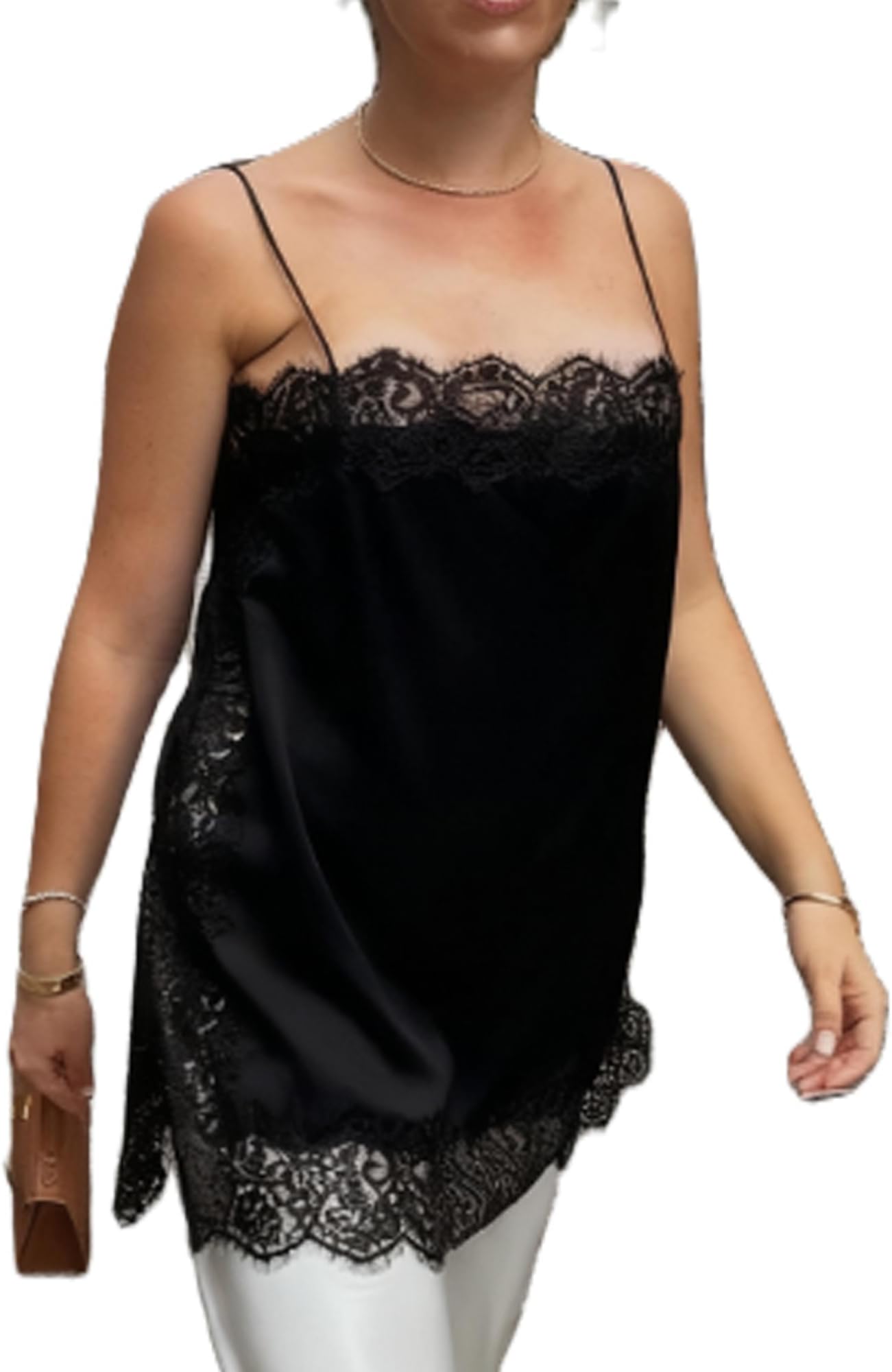 Women Satin Lace Camisole Top Spaghetti Strap Side Split Asymmetrical Lace Trim Cami Top Flowy Silky Layering Tops