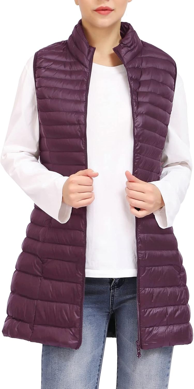 ELFJOY Long Puffer Vest Women Winter Ultra Light Long Down Vest with Stand Collar Black Womens Vests Outerwear
