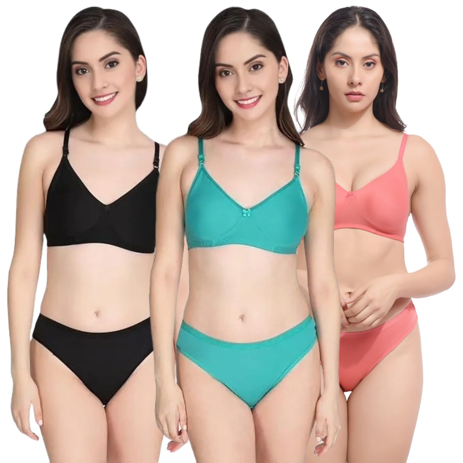 realside Women's Cotton Bra and Panty Set, Pack of 3, Non-Padded,T-Shirt Bra, Non-Padded, Adjustable Straps,-picture-32
