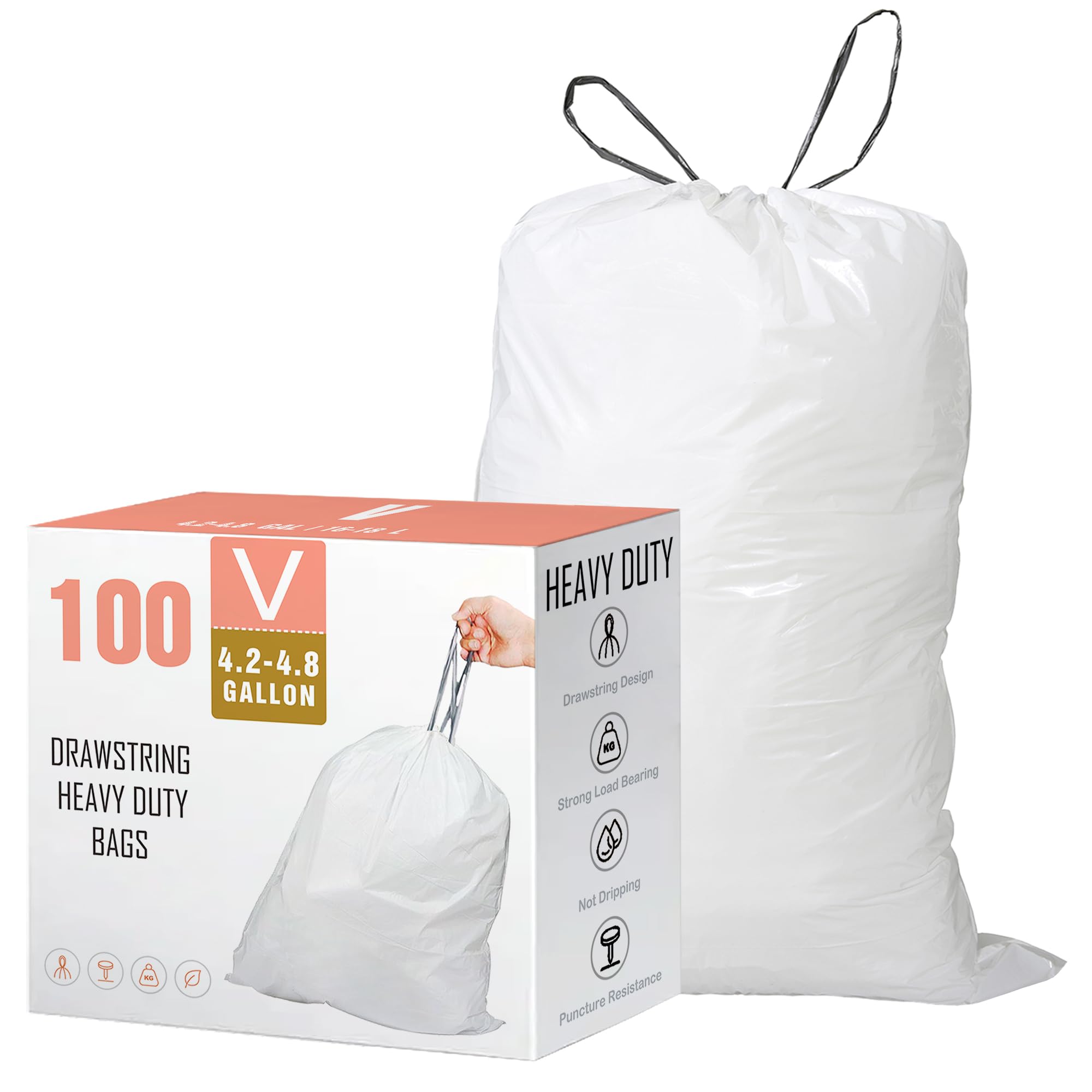 DisplayForeverCode V Drawstring Trash Bags Compatible with simplehuman Code V | 4.2-4.8 Gallon 16-18 Liter | 100 Count | 1.2 Mil | Heavy Duty White Custom Fit Garbage Liners (Pack of 1)