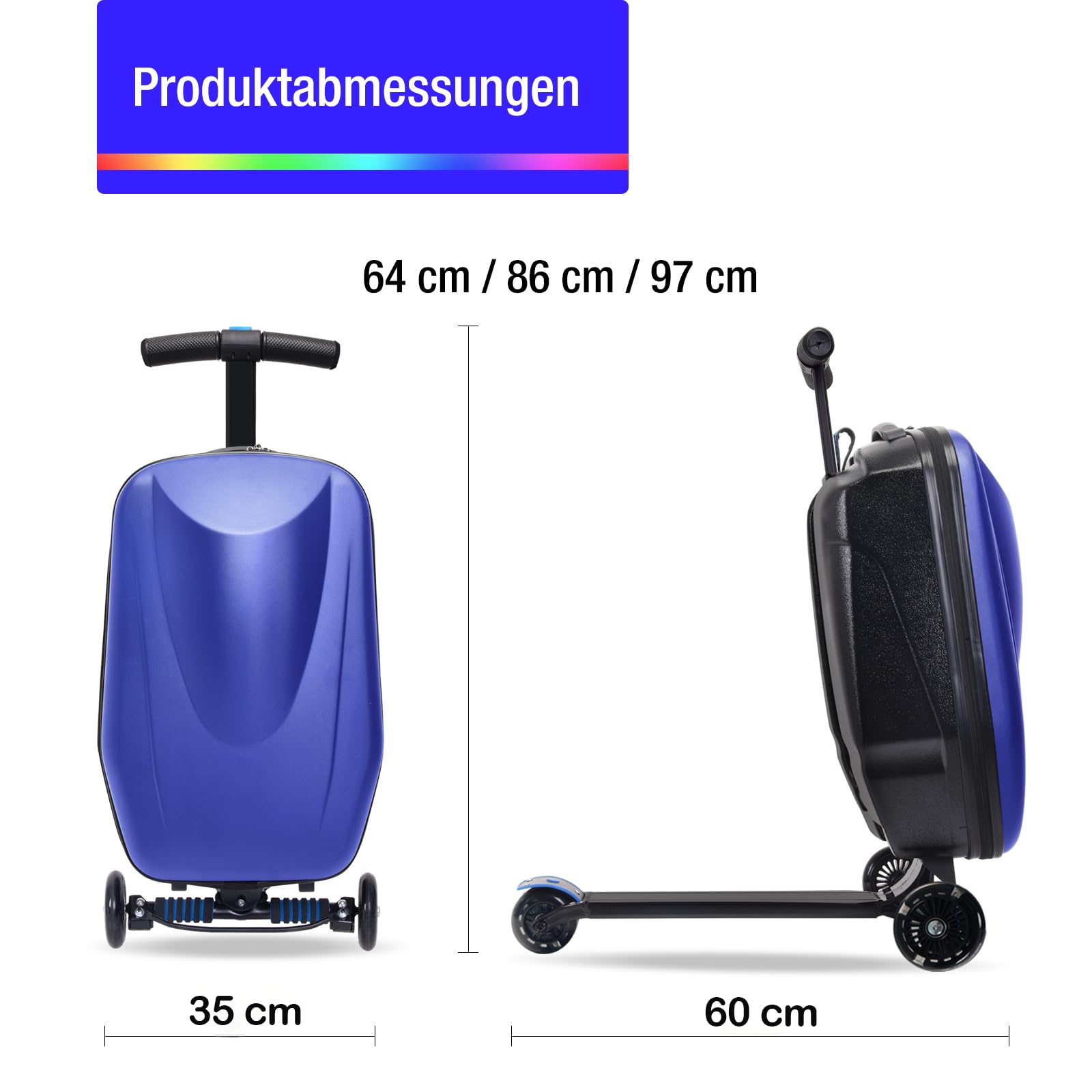 Icoget Maleta para patinete infantil 2 en 1 de viaje, maleta plegable de mano con 3 ruedas, color azul