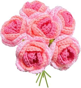 JOONOR 6PCS Hand-Woven Roses,Crochet Rose Flower Bouquet, Hand-Knitted Pink Rose Artificial Flowers Suitable for Anniversaries Celebrations Birthday Gift Wedding Decor