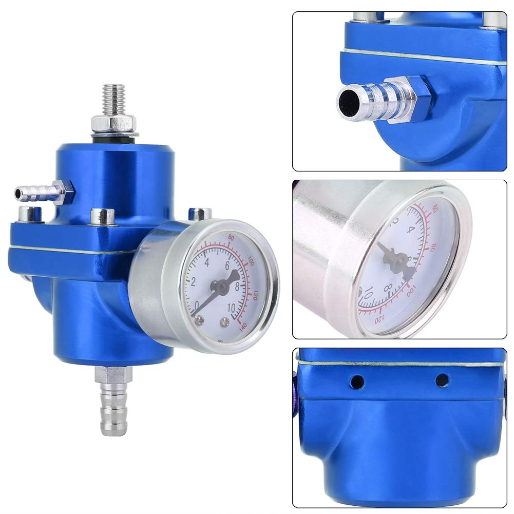 Universal Aluminum Fuel Pressure Regulator Gauge Kit, Adjustable 0-140 PSI Fuel Pressure Regulator with Hose for Carbureted Engines, Anodized for Resistance (Blue)
