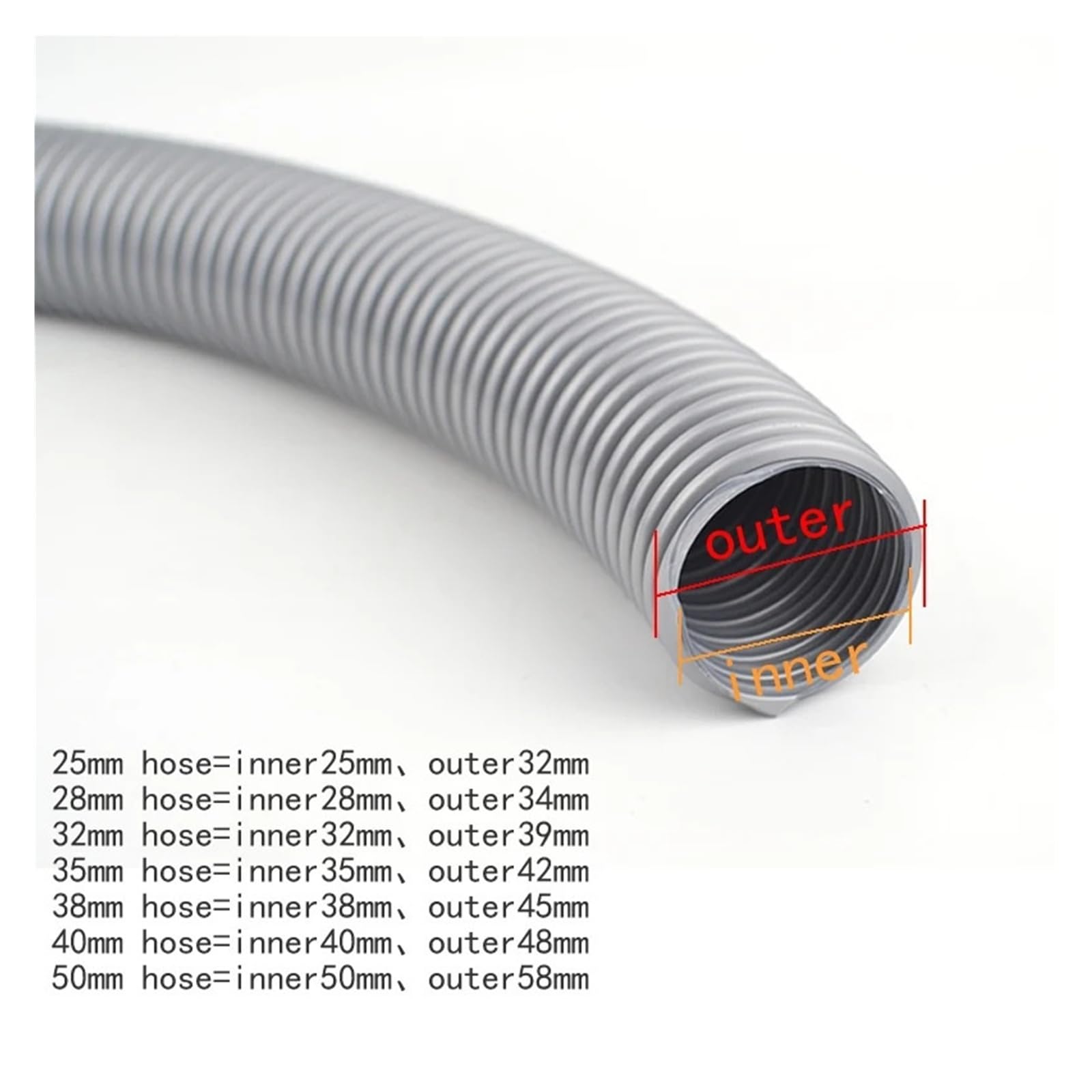 Aspirapolvere Generico Tubo Flessibile Interno 25mm 28mm 32mm 35mm 38mm 40mm 50mm Soffietto Cannucce Parti Durevoli For Aspirapolvere(ID 40mm OD48mm x8m)