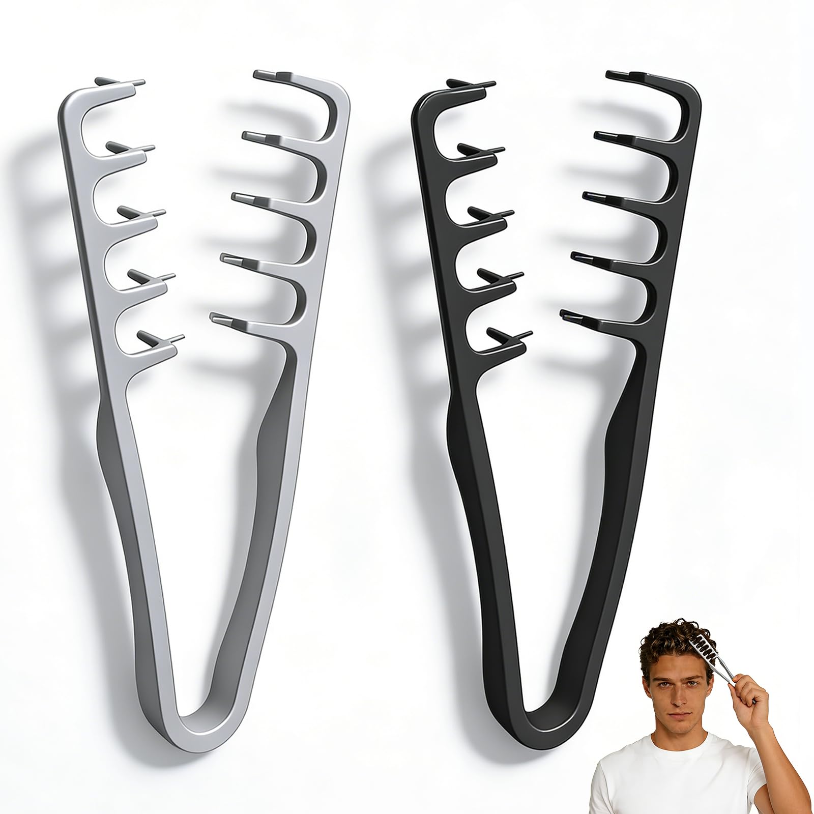 Photo 1 of 2 Pcs Texture Comb men, Upgrade Voluminous wide-toothed hair comb Men's fluffy texture, Apparatus Maximum Lift Roots Volume Tool, ABS Plastic with Textured Grip Tool for Men (Black+Grey)