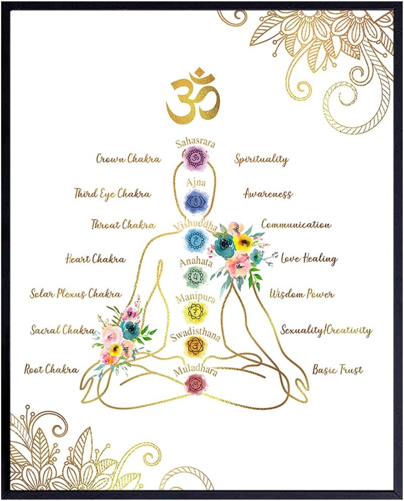 Chakras Meditation Decor – Zen Buddhism Wall Art – Spa Decor, Bedroom, Living Room, Bathroom – Yoga Namaste Poster Print – Gold White Lotus Flower Mandala – Gift for Buddhist, New Age Women