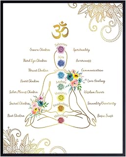 Chakras Meditation Decor - Zen Buddhism Wall Art - Spa Decor, Bedroom, Living Room, Bathroom - Yoga Namaste Poster Print - Gold White Lotus Flower Mandala - Gift for Buddhist, New Age Women