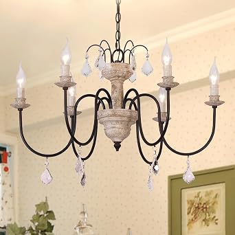 Retro French Chandelier White Distressed Wood Rust Metal Arms Candle Style Chandeliers 6 Lights for Living Dining Room French Country Lights Fixture W27.6