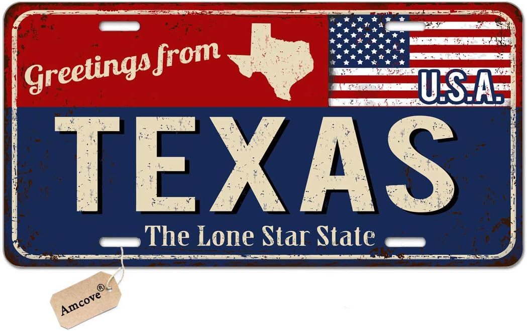 Amcove License Plate Greetings from Texas Vintage Rusty Metal Sign with American Flag Decorative Car Front License Plate,Vanity Tag,Metal Car Plate,Aluminum Novelty License Plate,6 X 12 Inch