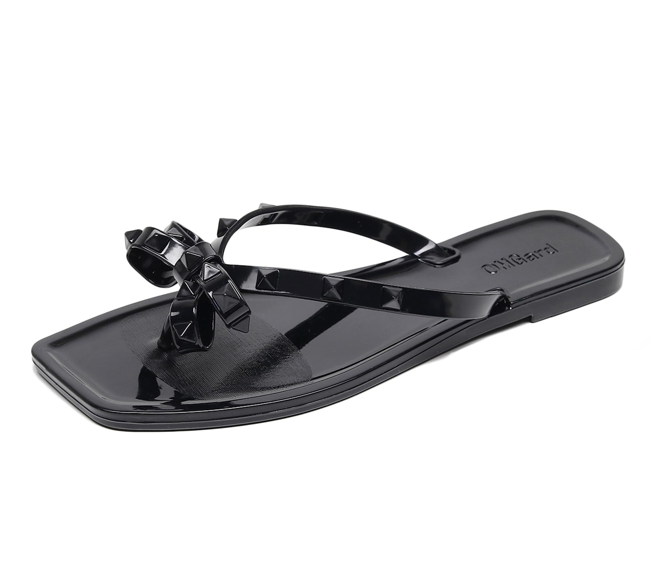 OMGard Studded Sandals for Womens Bow Flip Flops Jelly Shoes Beige Jellies Flat Size 9, Summer Beach Thong Slides with Rivets Dress Slippers Square