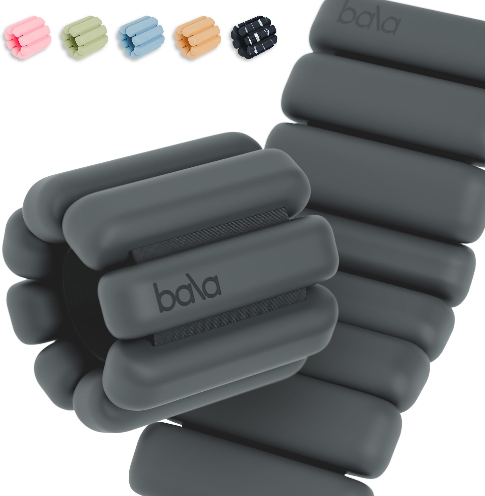 Bala Bangles Wrist & Ankle Weights for Women & Men (Charcoal) - 2 Pound Adjustable Silicone Weighted Bracelet Set for Gym, Yoga, Pilates, Cardio & Strength Training - Wearable Arm & Leg Workout Weights