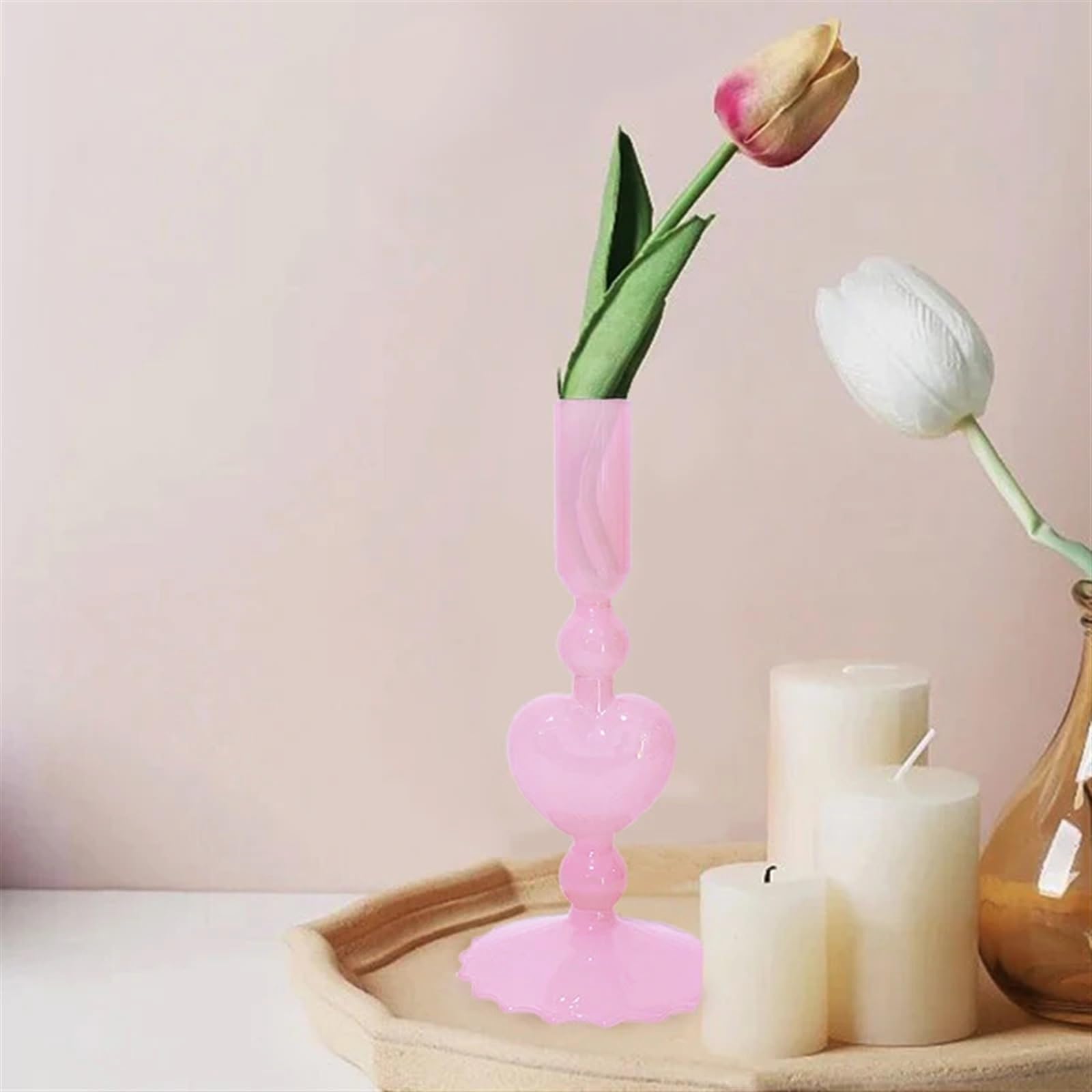 Retro Taper Candle Holders Red Heart Shape Glass Candlesticks Wedding Table Decoration Home Party Glass Vase Decor (Color : Pink 9x19cm)