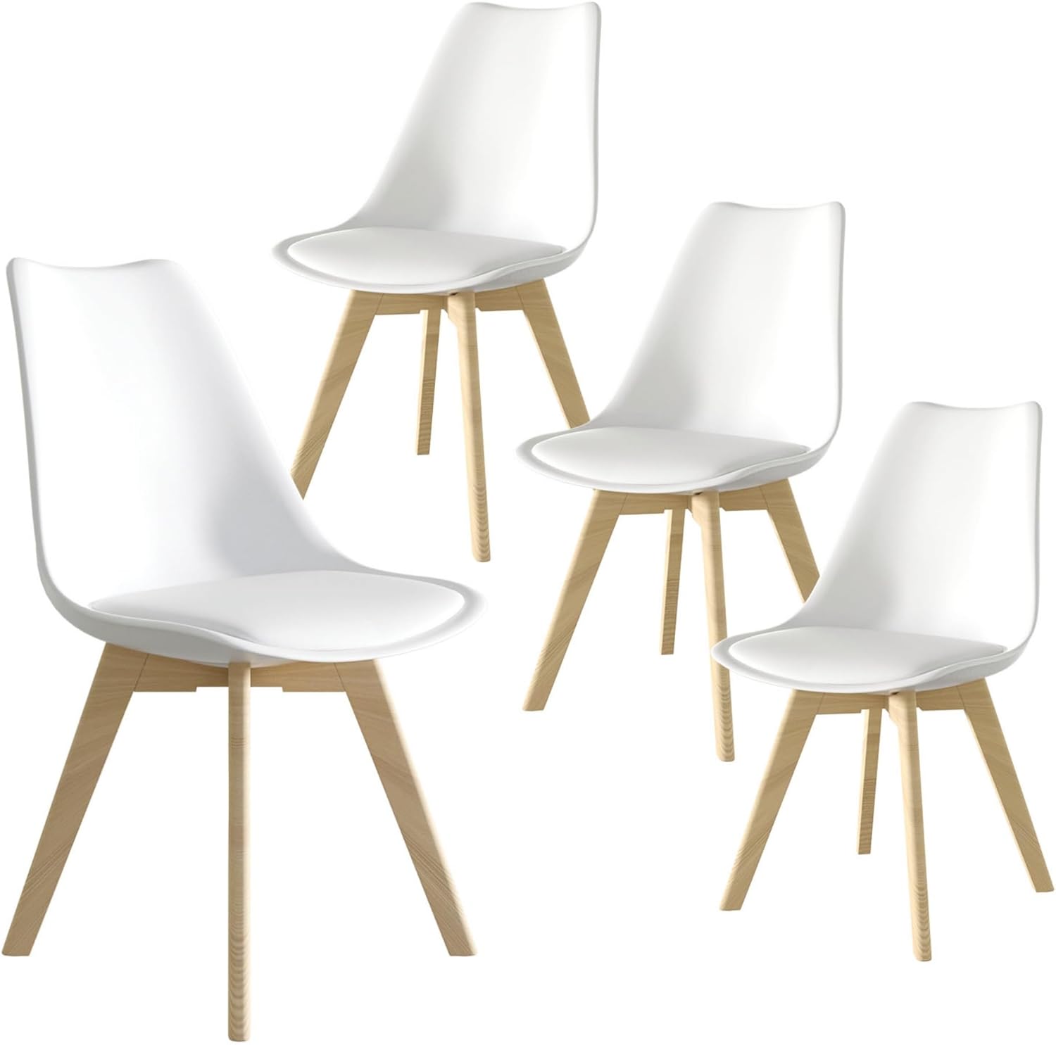 SHGJ&SOFT Modern Dining Chair Set of 4, PU Leather Kitchen Chair with high Back, Tulip Chair with Solid Wood Legs with Cushion and Back Cushion for Living Room Bedroom Dining Room (White, 4 PC)