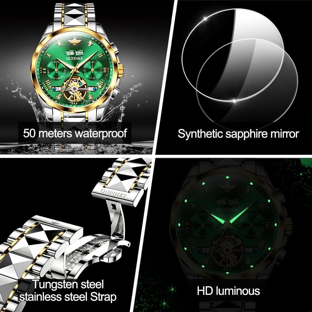 OUPINKE Relojes automáticos para hombre, esqueleto, mecánico, cuerda automática, reloj de pulsera de lujo, vestido de negocios, diamante, acero de tungsteno, cristal de zafiro, calendario, Correa de
