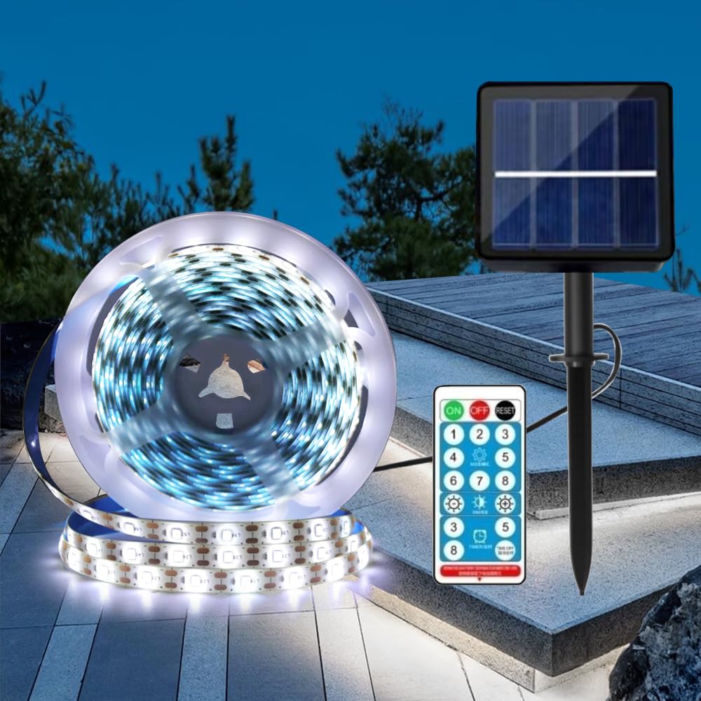 KISUFU Solar LED Strip Lights Outdoor,Warm White LED Lights Solar IP67 Waterproof,300 LEDs LED Light, for Outdoor Garden Wedding Christmas Party,8 Modes with Remote Control (2m, White)