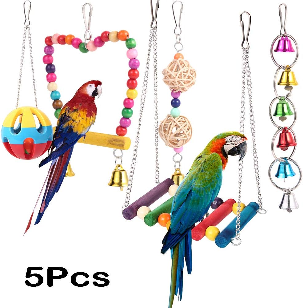 5pcs Bird Parrot Toys for Cages, Chewing Hanging Swing Pet Bird Toy with Colorful Bells String, Wooden Ladder Hammock for Small Medium Birds Parakeets Cockatiels Macaws Parrots