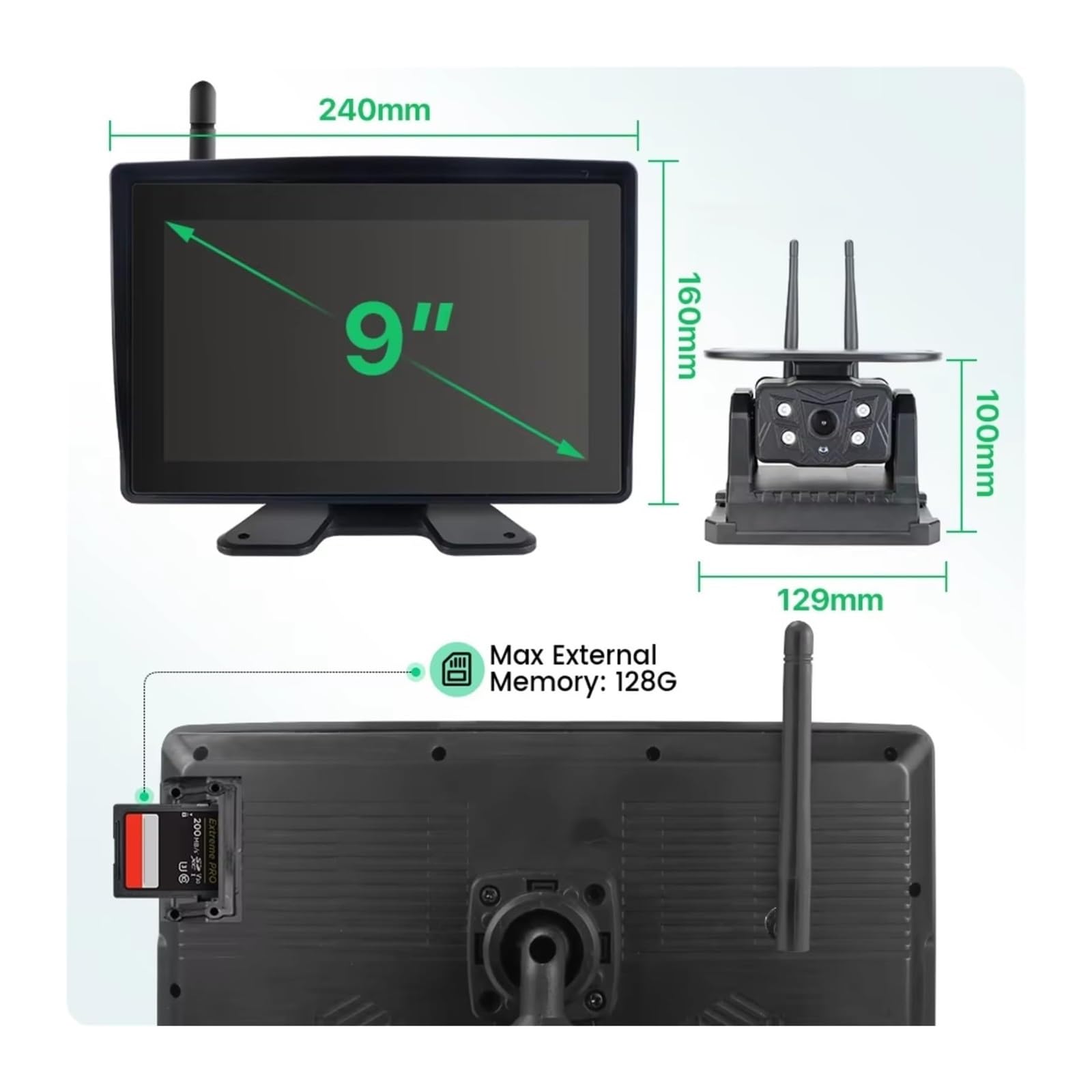 Grabador DVR Táctil Inalámbrico 9 Pulgadas Resistente Al Agua Monitor BSD Cámaras Imán Solar Camiones Remolques Autocaravanas Cámara de Respaldo