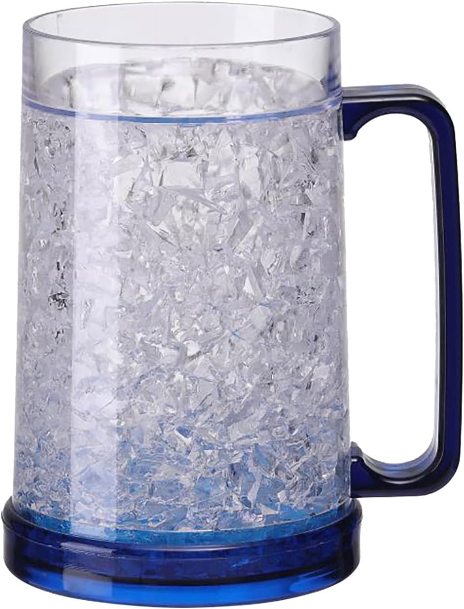 Freezer Beer Mug, Double Wall, Insulated Gel Plastic Freezable Glasses, Acrylic