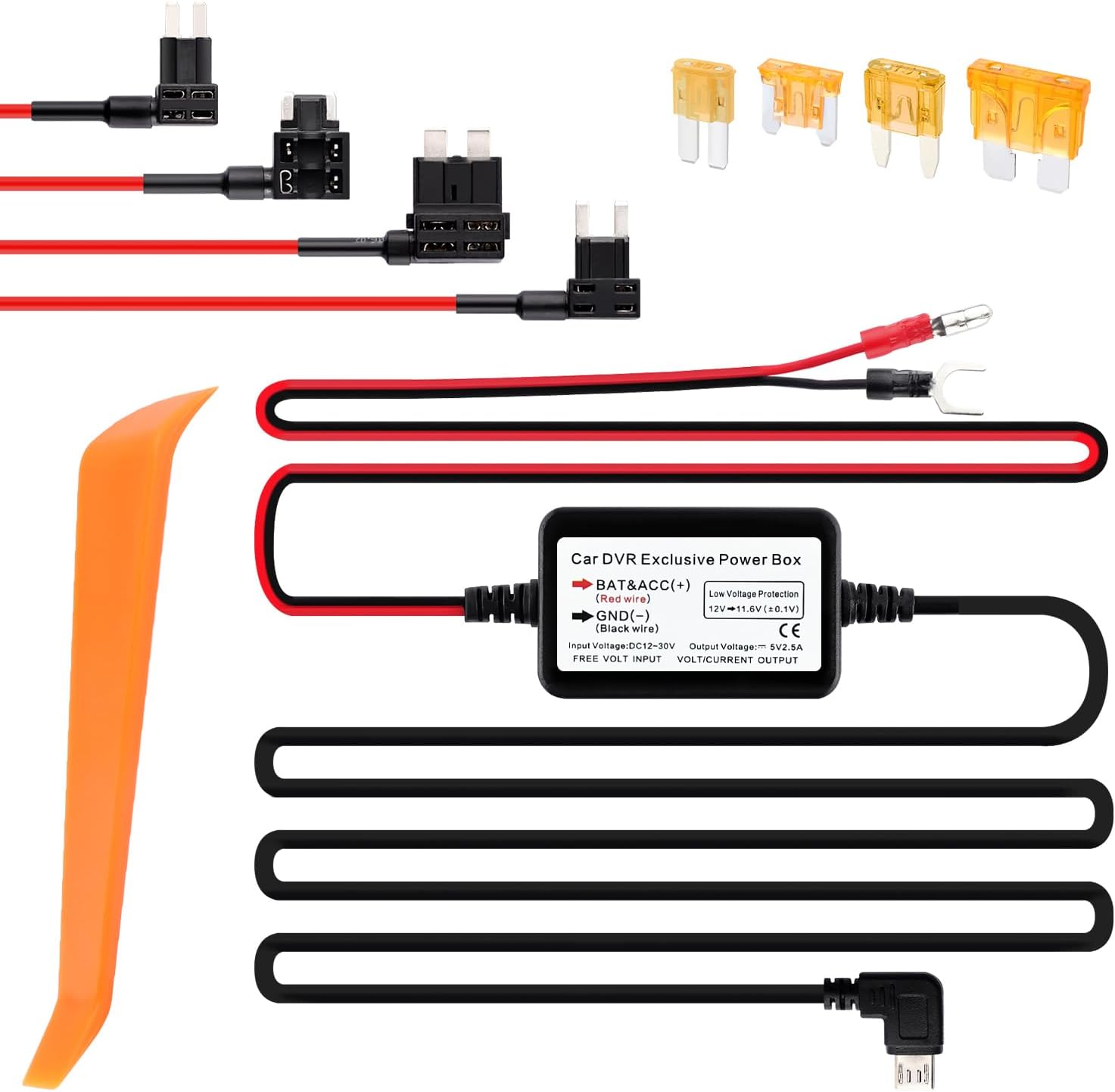 9.68Ft Micro USB Dash Cam Hardwire Kit - 12V-30V to 5V 2.5A Car Dash Camera Charger Power Supply+4PCS 16AMG Car Fuse Tap&4PCS 5A Blade Fuse for Most Car Dash Camera (Micro USB)