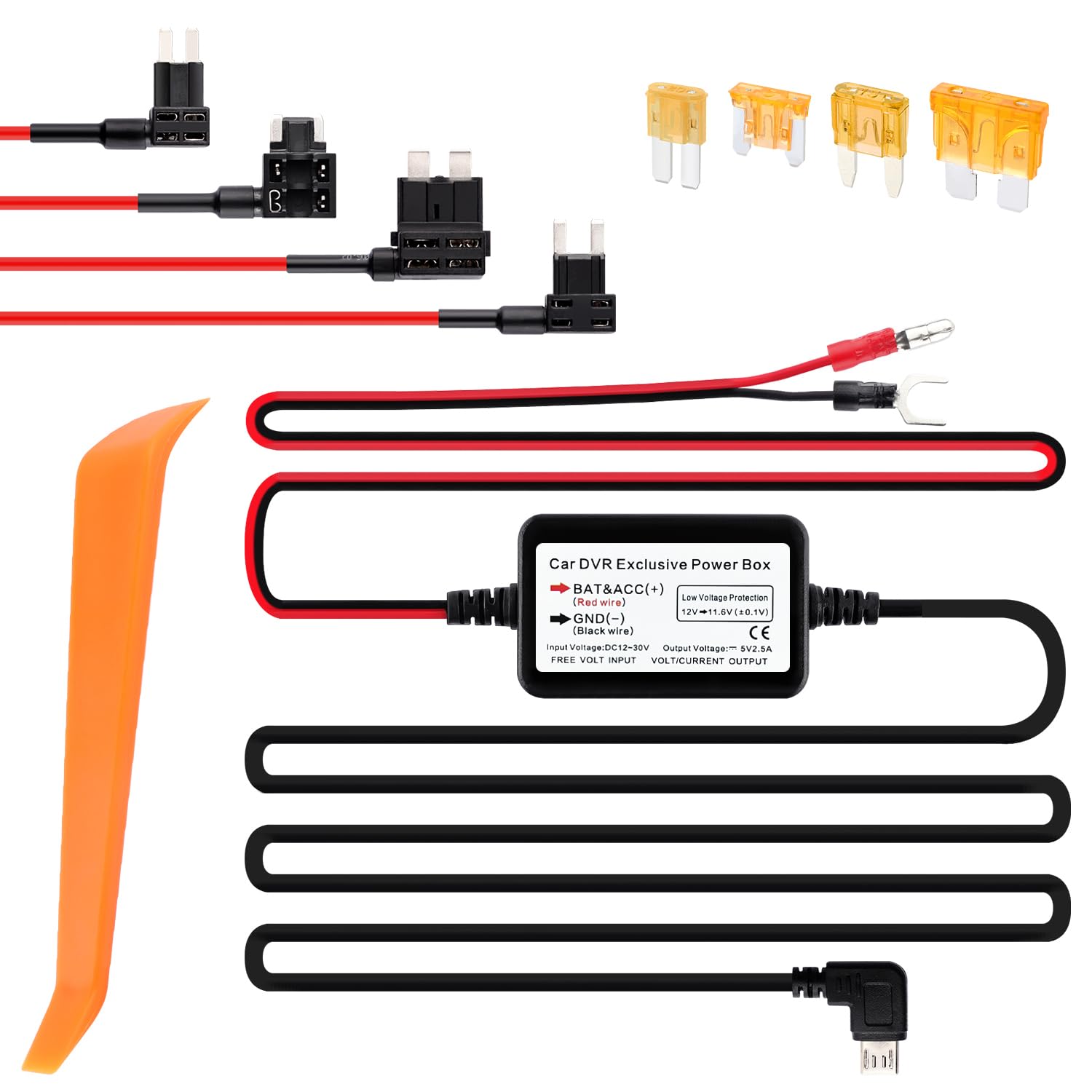 9.68Ft Micro USB Dash Cam Hardwire Kit - 12V-30V to 5V 2.5A Car Dash Camera Charger Power Supply+4PCS 16AMG Car Fuse Tap&4PCS 5A Blade Fuse for Most Car Dash Camera (Micro USB)